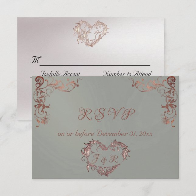 Cartons Réponse Ornate Frame & Heart - Sage/Rose Gold (Devant / Derrière)