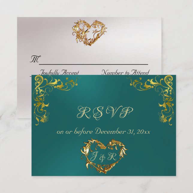 Cartons Réponse Ornate Frame & Heart - Teal/Gold (Devant / Derrière)
