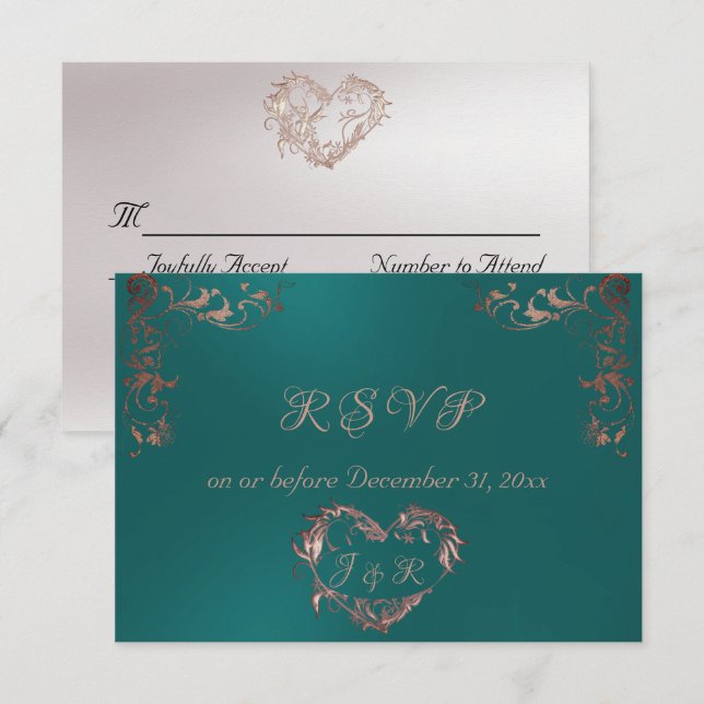 Cartons Réponse Ornate Frame & Heart - Teal/Rose Gold (Devant / Derrière)