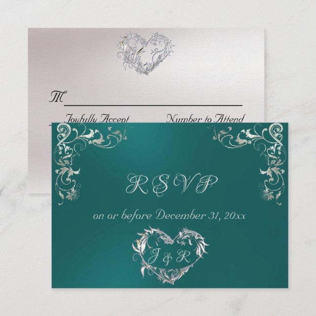 Cartons Réponse Ornate Frame & Heart - Teal/Silver (Devant / Derrière)