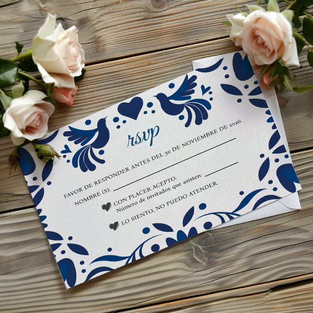 Cartons Réponse Otomi Blue Floral Elegant Fiesta Spanish Wedding (Otomi Blue Floral Elegant Fiesta Spanish Wedding RSVP Card)