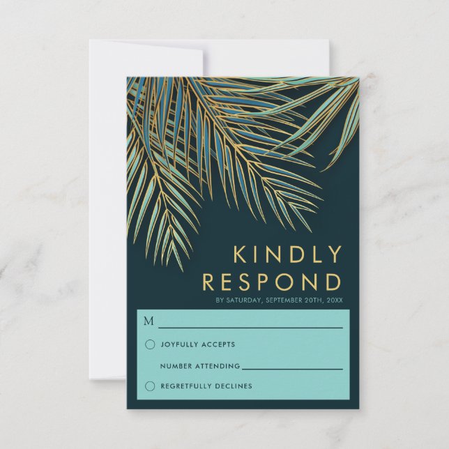 Cartons Réponse Palm Gold Turquoise Plage tropicale Mariage (Devant)