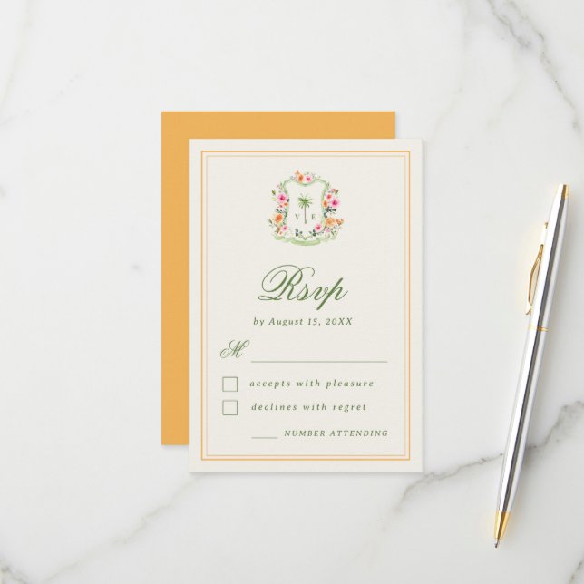 Cartons Réponse Palmier tropical Monogramme Mariage d'été sur la p (Devant/Arrière en situation)