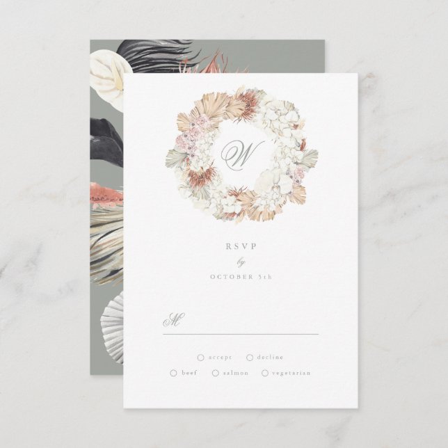 Cartons Réponse Pampas Wreath Moss Sage Green Monogram Elegant (Devant / Derrière)