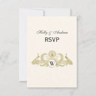 Cartons Réponse Paons vintage monogramme or faux ivoire BG