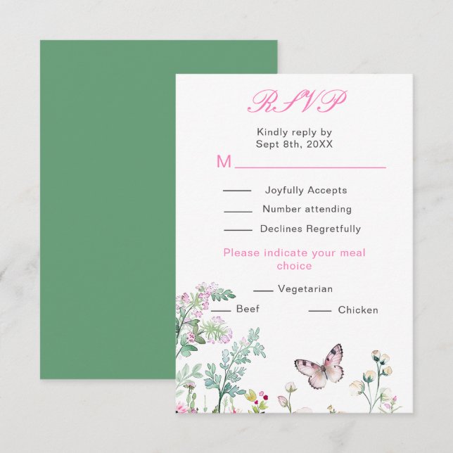Cartons Réponse Papillon floral vert de mariage printanier (Devant / Derrière)