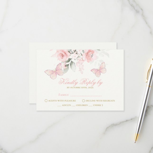 Cartons Réponse Papillon rose Quinceañera (Devant/Arrière en situation)