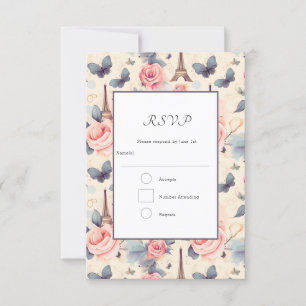 Cartons Réponse Papillon Tour Eiffel et Mariage Motif Rose