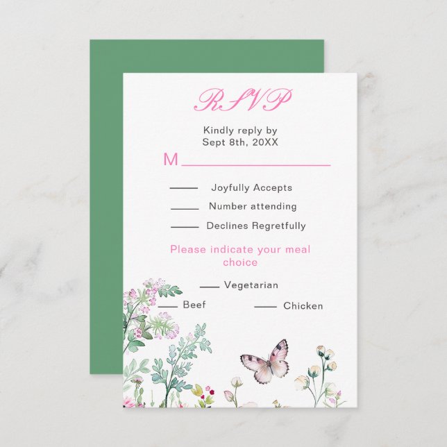Cartons Réponse Papillon vert floral de mariage printanier (Devant / Derrière)