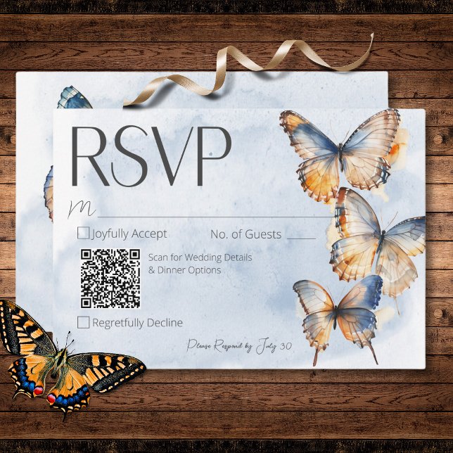 Cartons Réponse Papillons d'aquarelle bleu et rouille modernes Cod (Modern Blue & Rust Watercolor Butterflies QR Code RSVP Card)