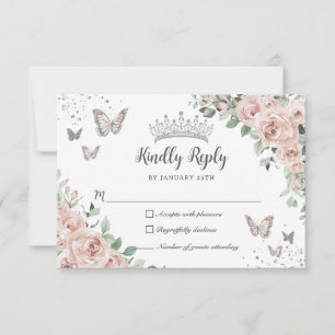 Cartons Réponse Papillons florale rose poussiéreux Silver Quinceañ