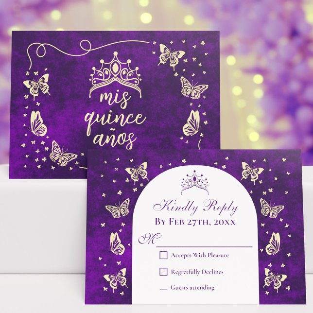 Cartons Réponse Papillons Tiara en or violet moderne Quinceañera (Modern Purple Gold Tiara Butterflies Quinceañera RSVP Card)