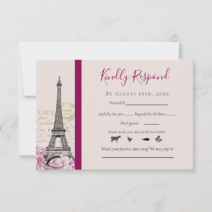 Cartons Réponse Paris romantique Tour Eiffel Fleurs roses Bourgogn