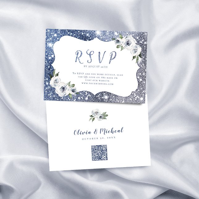 Cartons Réponse Parties scintillant bleu étincelant mariage floral (Sparkle blue silver glitter floral wedding QR code RSVP Card)