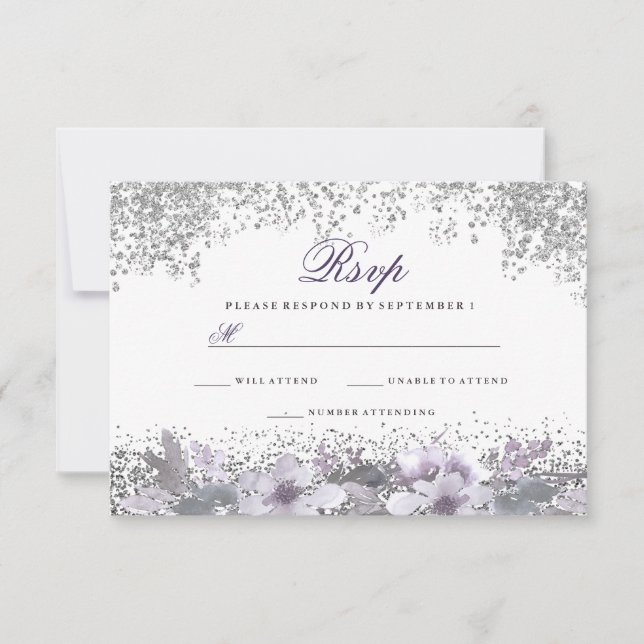Cartons Réponse Parties scintillant d'argent Floral Violet mariage (Devant)