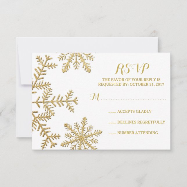 Cartons Réponse Parties scintillant d'or Snowflakes Mariage d'hive (Devant)