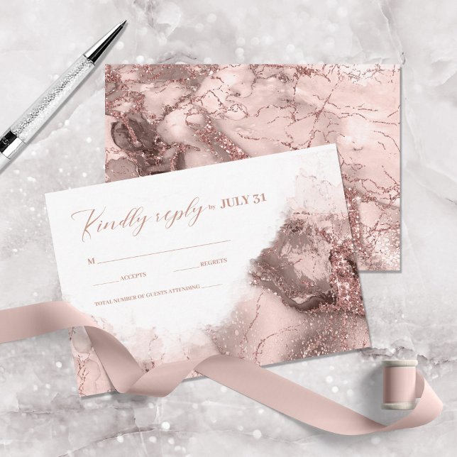 Cartons Réponse Parties scintillant en marbre Mariage Rose Gold ID (Créateur téléchargé)