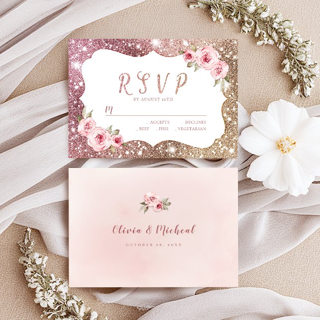 Cartons Réponse Parties scintillant en or rose étincelante et mari (Sparkle rose gold glitter and floral wedding RSVP)