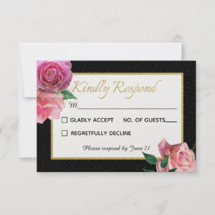 Cartons Réponse Parties scintillant noir et blanc et Mariage Roses