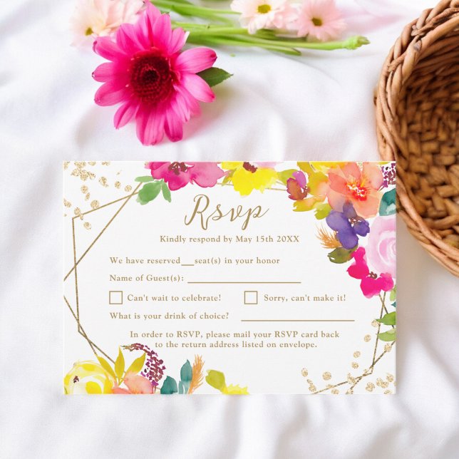 Cartons Réponse Parties scintillant or boho mariage fleuri audacie (Gold glitter boho bold floral wedding RSVP card)