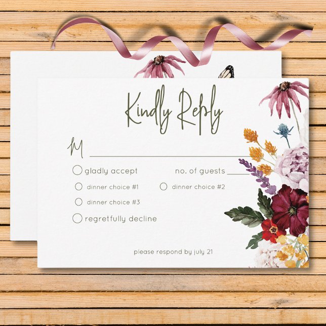 Cartons Réponse Pastel & Bourgogne Fleurie Moderne Floral Trois Dî (Pastel & Burgundy Bloom Modern Floral Three Dinner RSVP Card)