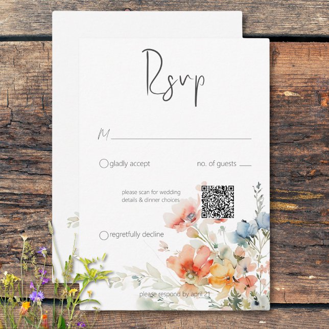Cartons Réponse Pastel Loose Fleur sauvage Modern QR Code (Pastel Loose Wildflowers Modern QR Code RSVP Card)
