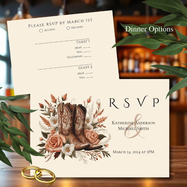 Cartons Réponse Pays élégant moderne Occidental- Fleurs (Modern Elegant Country Western- Flowers RSVP Card Cowboy boots)