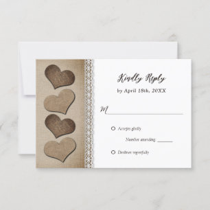 Cartons Réponse Pays romantique Burlap Coeurs dentelle Mariage