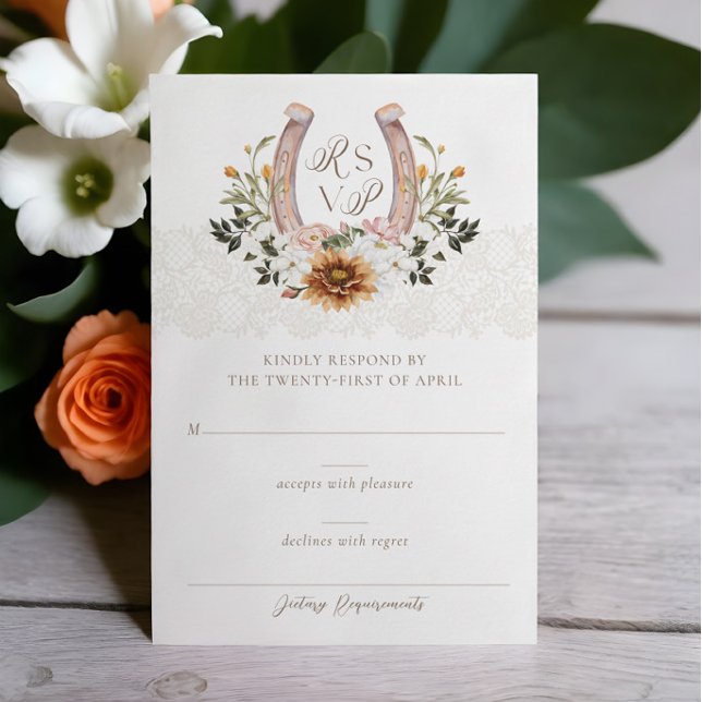 Cartons Réponse Pays Western Horseshoe Aquarelle Floral Crest (Country Western Horseshoe Watercolor Floral Crest RSVP Card Front)