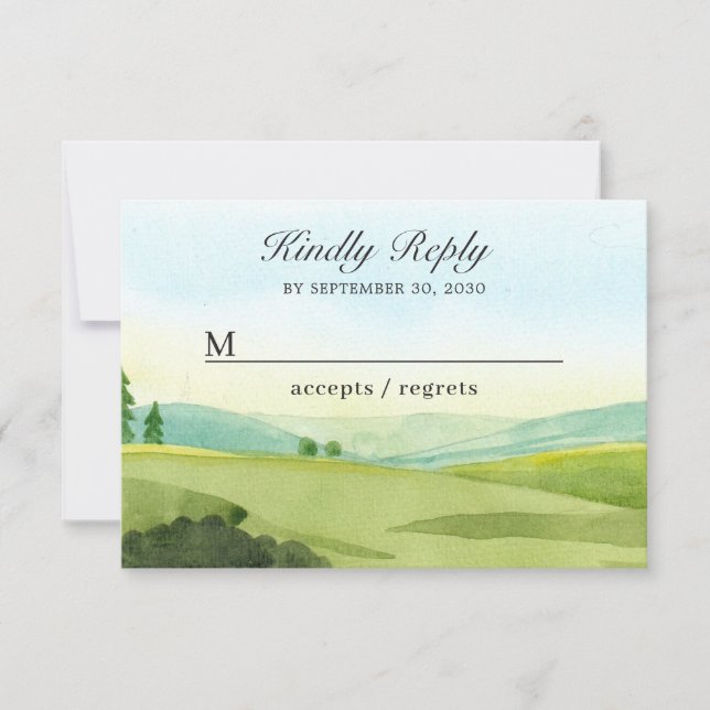 Cartons Réponse Paysage vert mariage aquarelle (Devant)