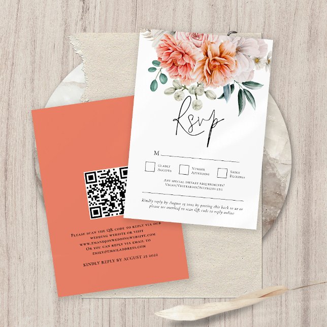 Cartons Réponse Peach Coral Peonies Florals QR Code Mariage (Front and back view)