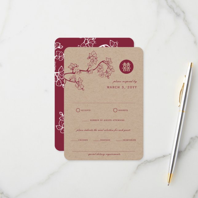 Cartons Réponse Peach Crimson Peach/Plum Blossoms Kraft Mariage ch (Devant/Arrière en situation)