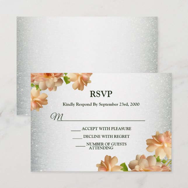 Cartons Réponse Peach Floral Silver Glitter Modern Wedding Party (Devant / Derrière)