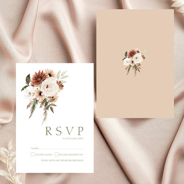 Cartons Réponse Peach Rustic Terracotta Verdure Mariage Floral (Elegant Peach Olive Green Floral Wedding RSVP Card)