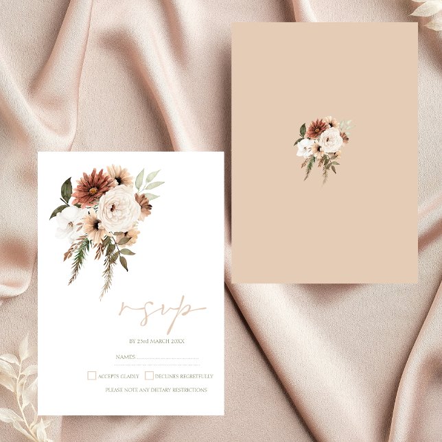 Cartons Réponse Peach Rustic Terracotta Verdure Mariage Floral (Elegant Peach Olive Green Floral Wedding RSVP Card)