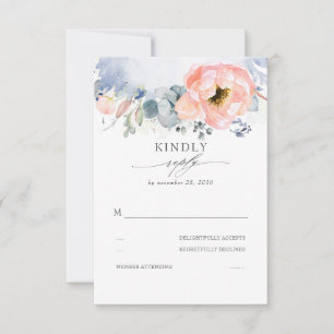 Cartons Réponse Peach Watercolor Flower Elegant Dusty Blue Mariage