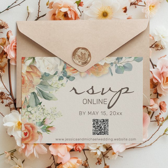 Cartons Réponse Peach White Aquarelle Florale Eucalyptus QR Code (Peach and cream-colored watercolor floral wedding RSVP with QR code )