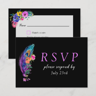 Cartons Réponse Peacock Feathers & Fleurs Quinceañera Noir