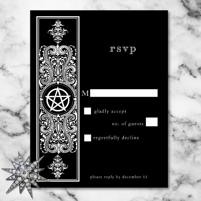 Cartons Réponse Pentagramme gothique étoile noir blanc Mariage (Gothic Pentagram Star Black White Wedding RSVP Card)