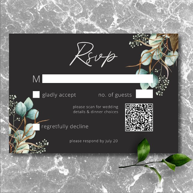 Cartons Réponse Peonies blanches élégantes modernes Mariage noir Q (Modern Elegant White Peonies Black Wedding QR Code RSVP Card)
