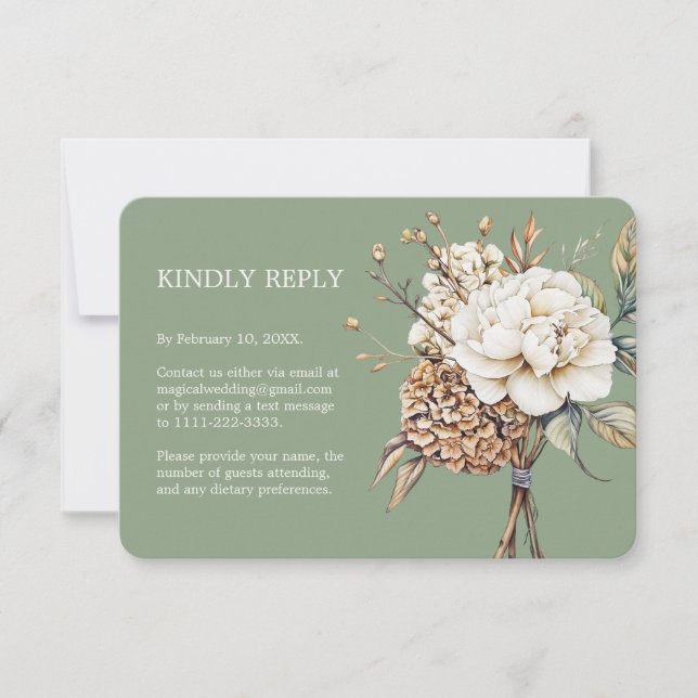 Cartons Réponse Peony moderne et Hydrangea Mariage vert olive (Devant)