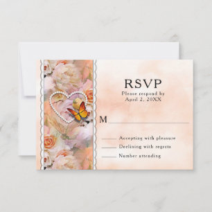 Cartons Réponse Perles de Coeur, Roses Orange & Papillons Mariage