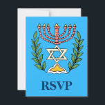Cartons Réponse Persian Magen David Menorah<br><div class="desc">Une carte RSVP pour accompagner les invitations Bar/Bat mitzvah avec le même design. Cette image a été adaptée à partir d'un carrelage juif perse antique et présente une menorah avec un Magen David (Étoile de David) encadré de branches d'olivier. Les imperfections de l'image originale peinte à la main ont été...</div>