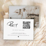 Cartons Réponse Photo de code QR noir et blanc<br><div class="desc">Moins de tracas, pas de courrier manquant lorsque vous invitation vos invités à RSVP en ligne avec votre code QR qui les envoie directement à votre site mariage. Le design se compose d'un minimaliste, simple noir et blanc créatif avec un script RSVP de calligraphie moderne très élégant. Suivez facilement les...</div>