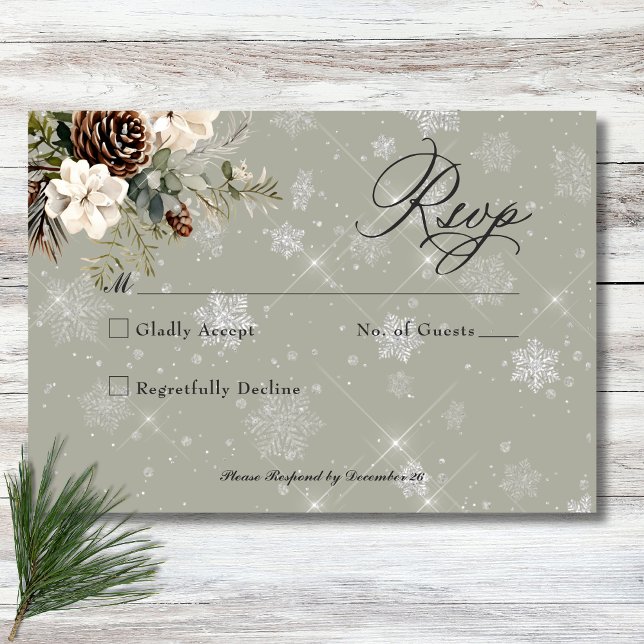 Cartons Réponse Pin Russe à neige et Mariage Floral Blanc (Rustic Snowfall Pine & White Floral Sage Wedding RSVP Card)