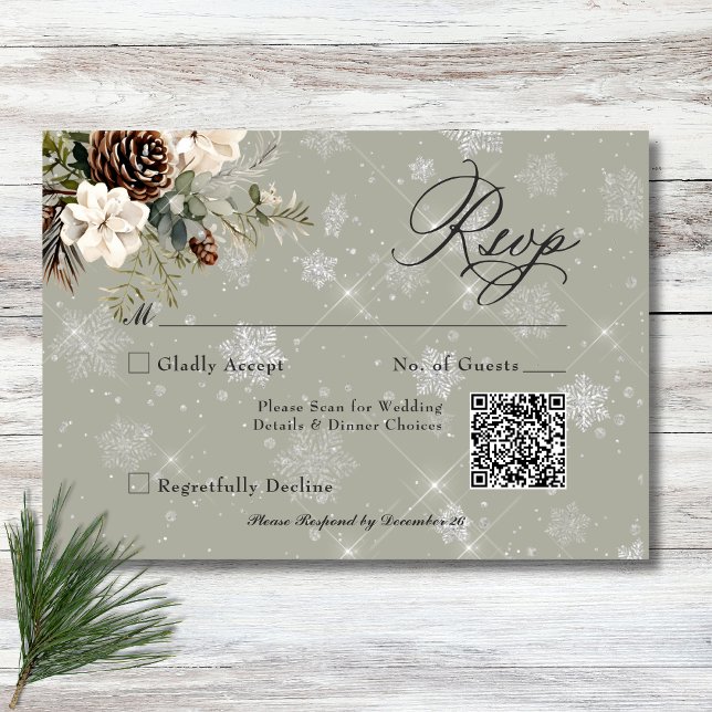 Cartons Réponse Pin Russe à neige et Mariage Floral Blanc (Rustic Snowfall Pine & White Floral Sage Wedding RSVP Card)