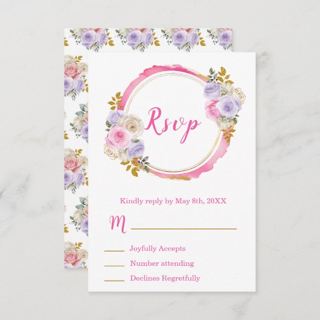 Cartons Réponse Pink and Purple Elegant Flowers Sweet Sixteen (Devant / Derrière)