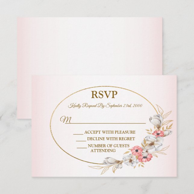 Cartons Réponse Pink Floral Golden Peach Modern Wedding Party (Devant / Derrière)