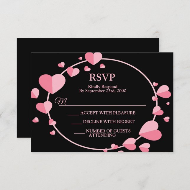 Cartons Réponse Pink Heart Black Geometric Wedding Party Elegant (Devant / Derrière)