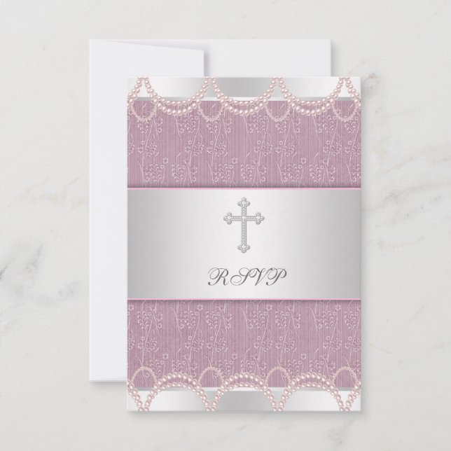 Cartons Réponse Pink Pearl Cross Baby Girl Baptism Christening RSV (Devant)